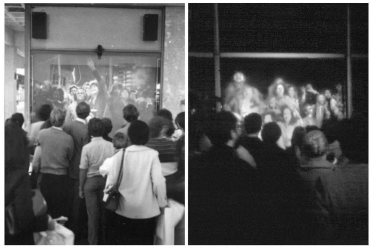 Archival black-and-white photographs of crowds in Los Angeles and New York facing the live video screens of Hole in Space in 1980.