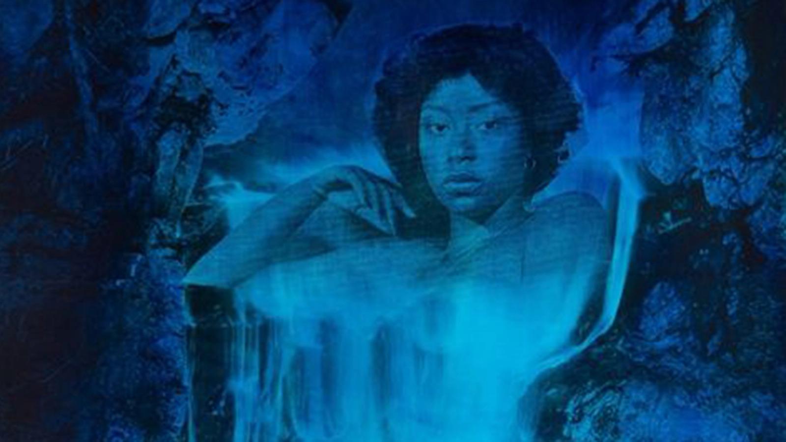 A blue-toned Lorna Simpson painting detail shows a woman partly submerged in a waterfall-like field of rock, mist, and ink-washed photographic texture.