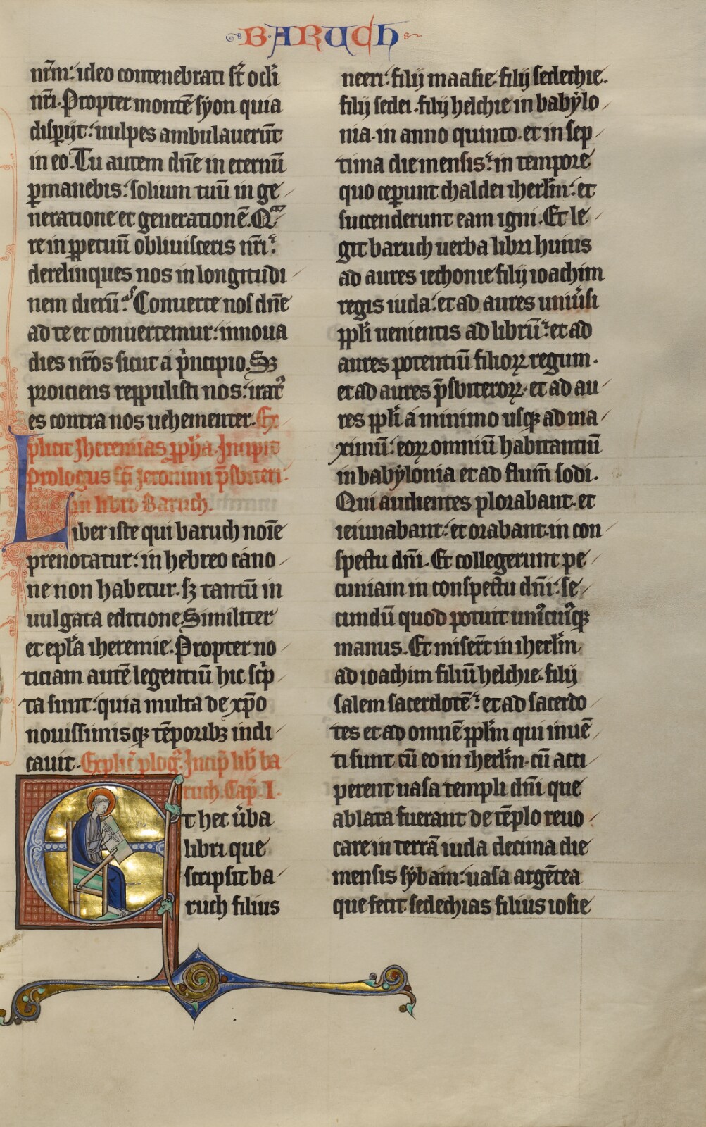 A medieval illuminated initial E shows the prophet Baruch seated at a sloped desk, writing with a quill against a gold ground.