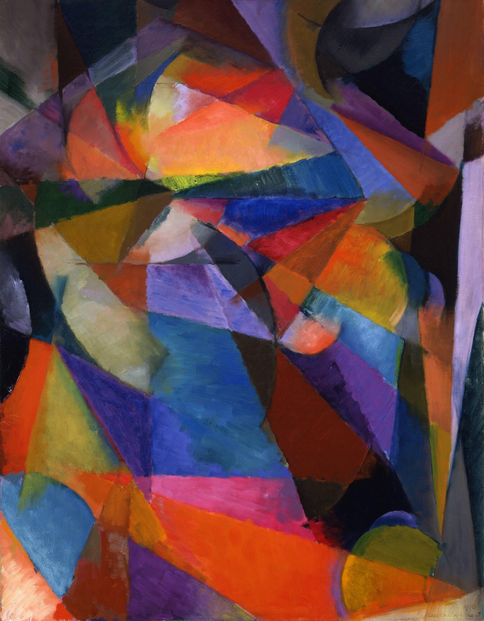 斯坦顿·麦克唐纳-赖特1916年画作《Synchromy, Blue-Green》：蓝色与绿色平面围拢着一处暖橙红色的焦点爆发。