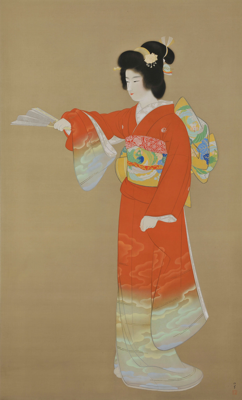 上村松园 1936 年画作《序之舞》：一名身着红色和服的女子手执折扇，仪态端凝，立于浅淡底色前。