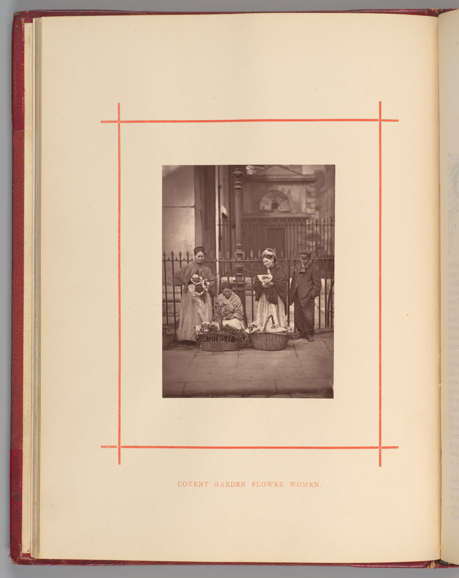 John Thomson's Covent Garden Flower Women plate from Street Life in London, shown as a Woodburytype photograph mounted on a printed book page.