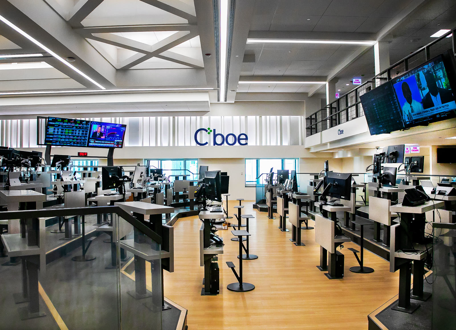 Rows of monitors and open-outcry stations stand empty on Cboe's Chicago trading floor.