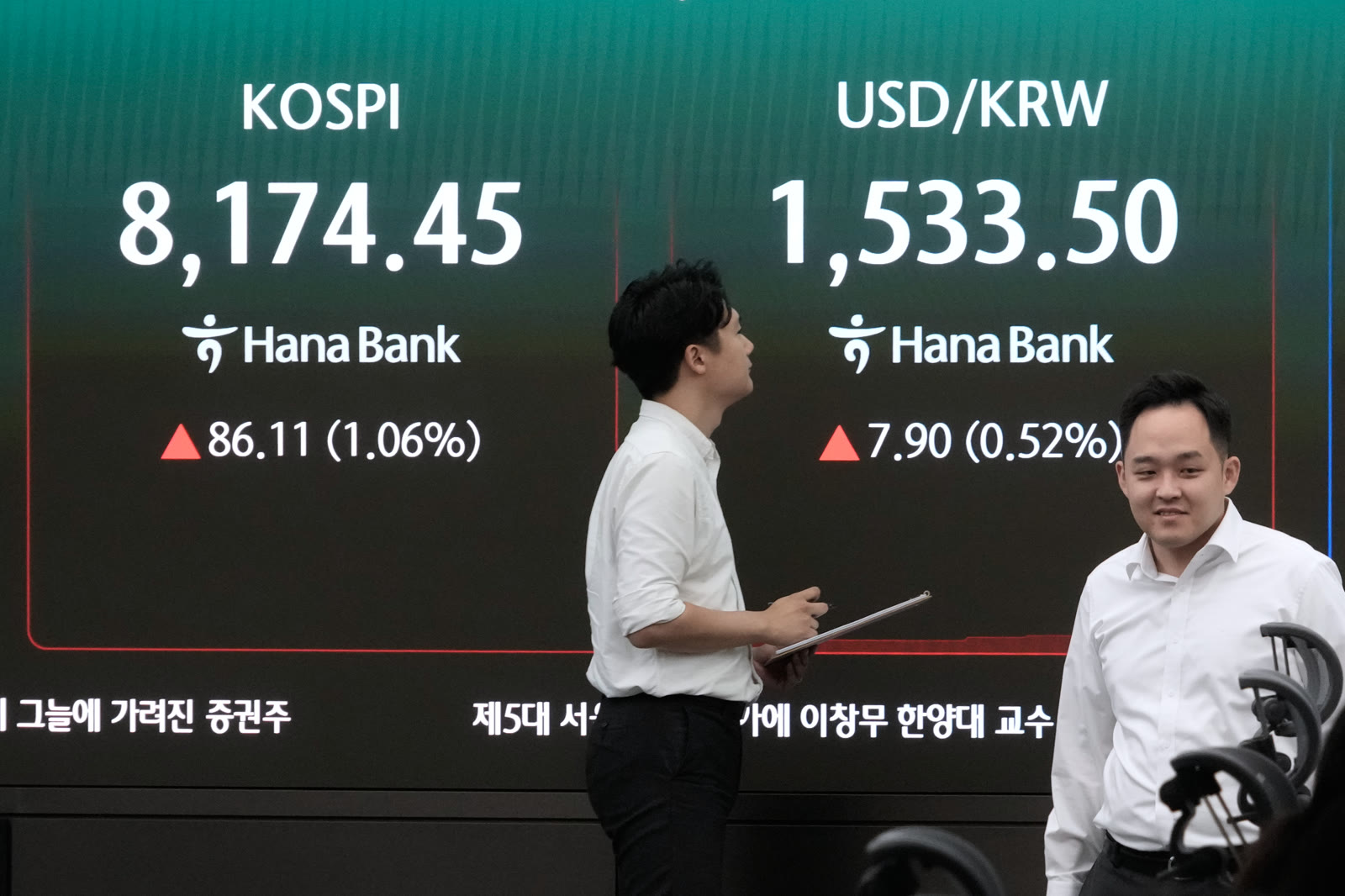 Currency traders in white shirts walk in front of a large KOSPI and U.S. dollar–Korean won display at Hana Bank in Seoul.