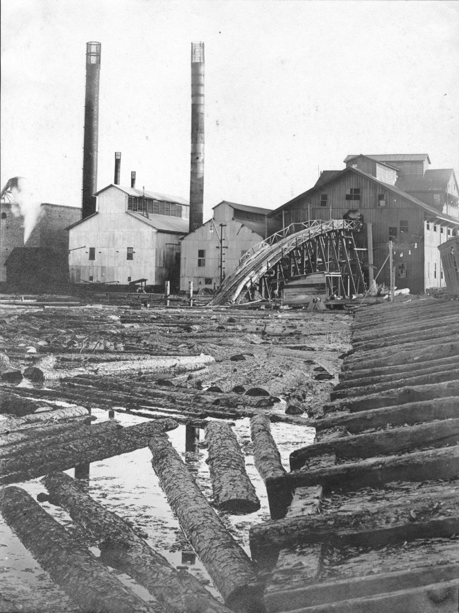 An archival photograph of the Southern Pine Lumber Company yellow pine sawmill in Texas, seen from the mill pond with logs and loading equipment near the water.