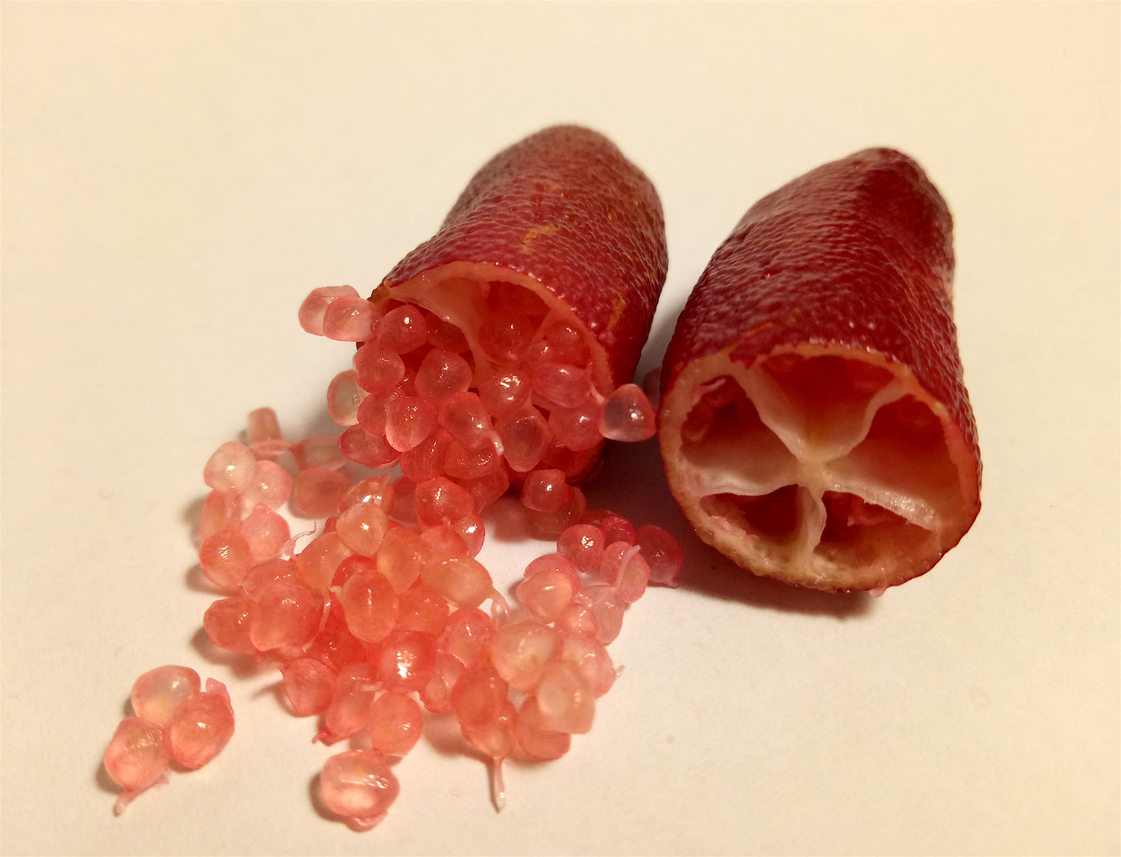 A cut finger lime with pale citrus pearls squeezed out beside the opened fruit.
