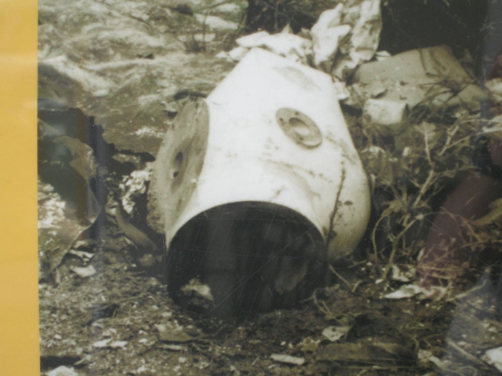 Archival photograph of the damaged radioactive source assembly involved in the 1987 Goiania cesium-137 accident.