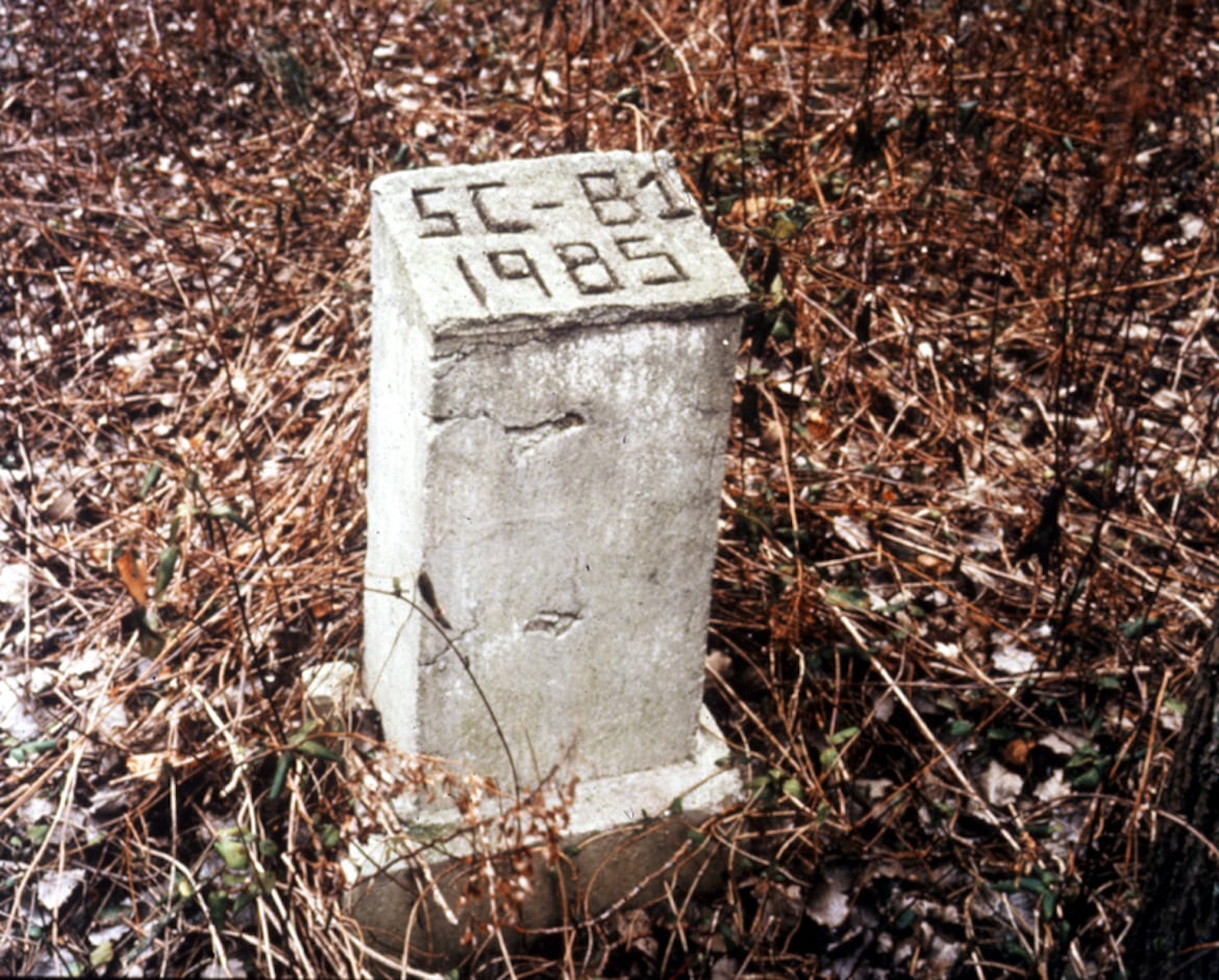 Archival photograph of a weathered concrete grave marker inscribed SC-B1 1985 among brush on Hart Island.
