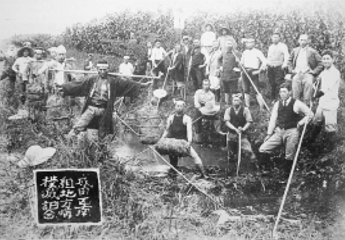 一张黑白档案照片：日本一支庞大的野外作业队站在潮湿的农田水渠中，手持长柄工具，参与以生石灰灭螺的行动。