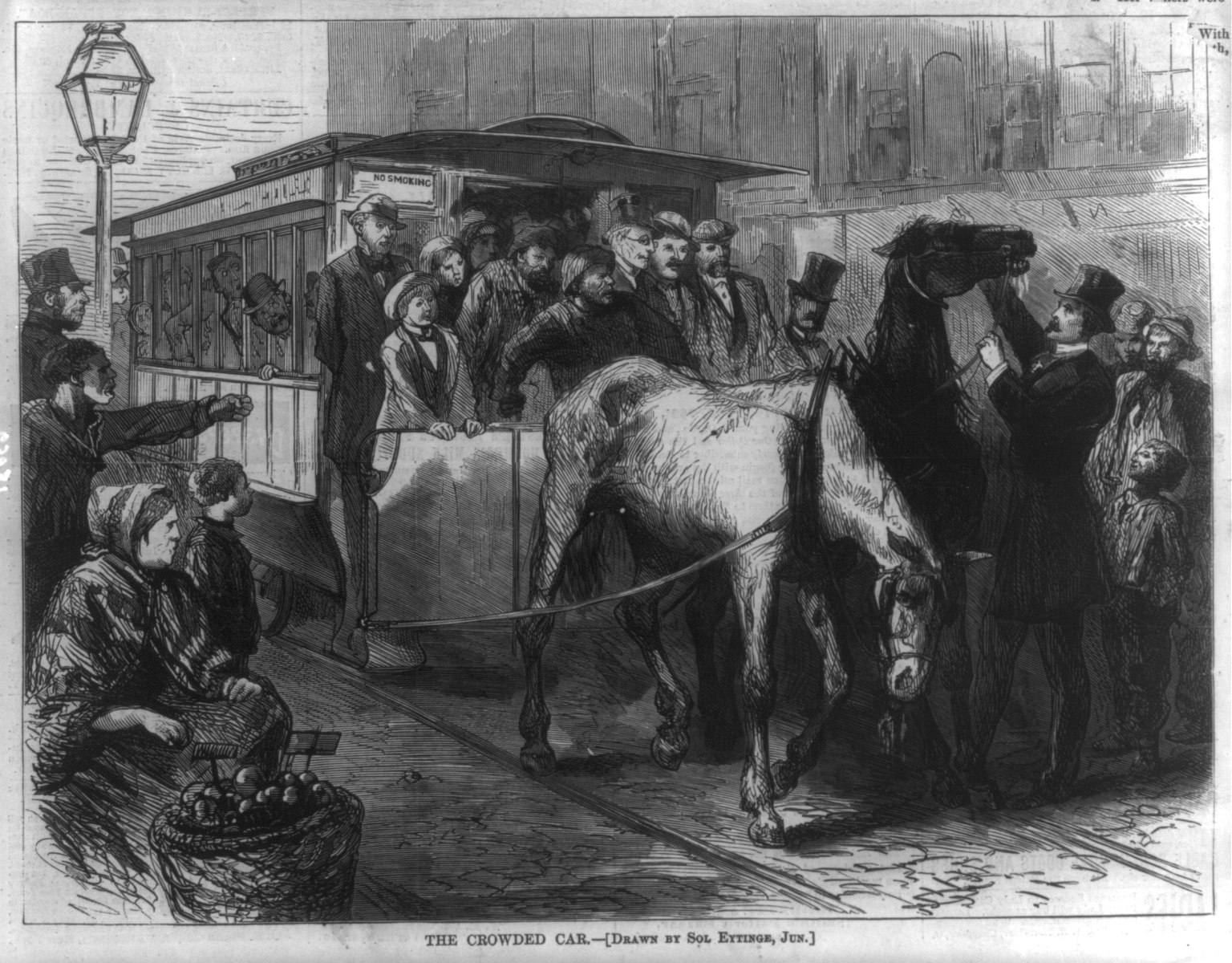 A Harper's Weekly wood engraving from 1872 showing two horses straining at an overcrowded horse-drawn streetcar in New York.
