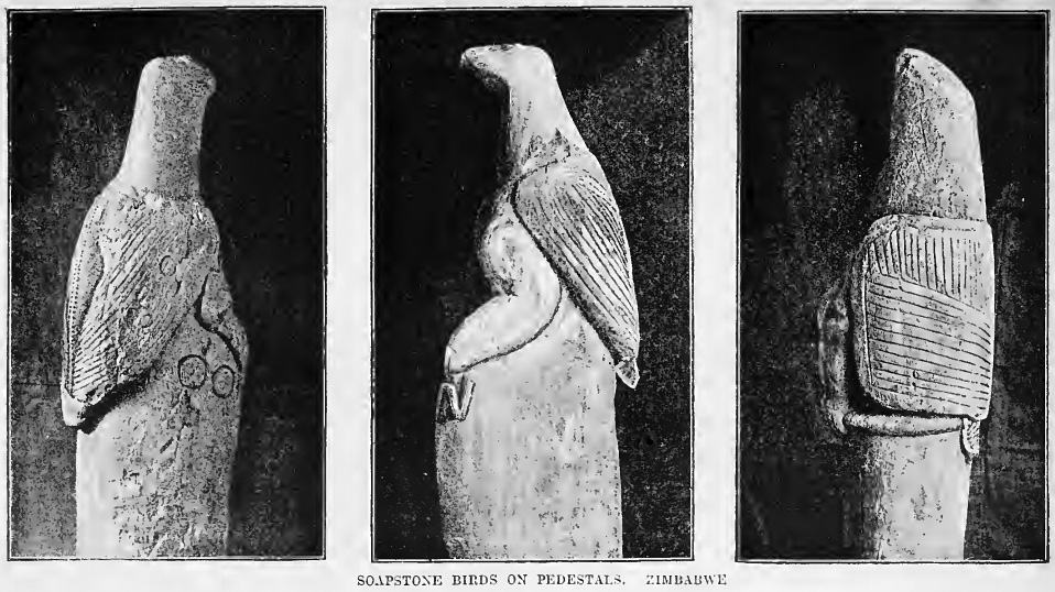 Black-and-white 1892 archival plate showing three carved soapstone Zimbabwe Birds on tall pedestals.