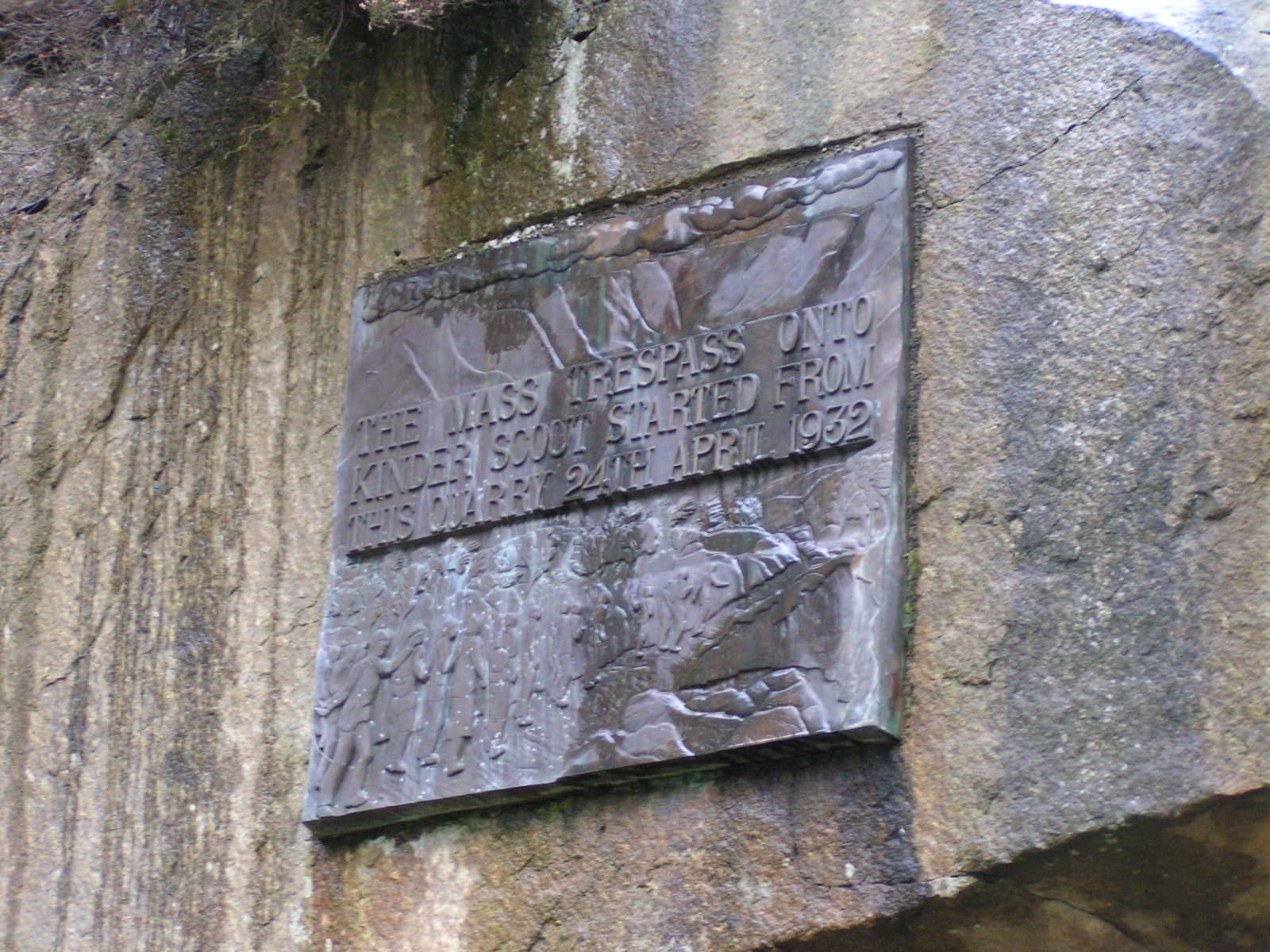Photograph of the Mass Trespass commemorative plaque set into the stone wall at Bowden Bridge Quarry near Hayfield.