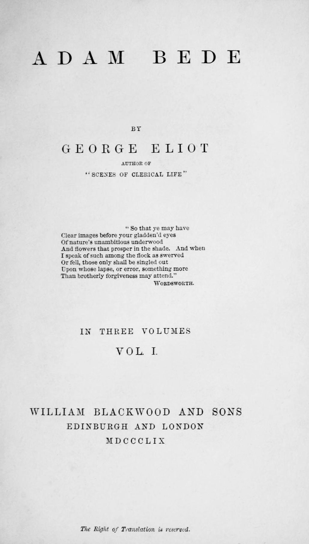 First edition title page of George Eliot's Adam Bede, published by William Blackwood and Sons in 1859.