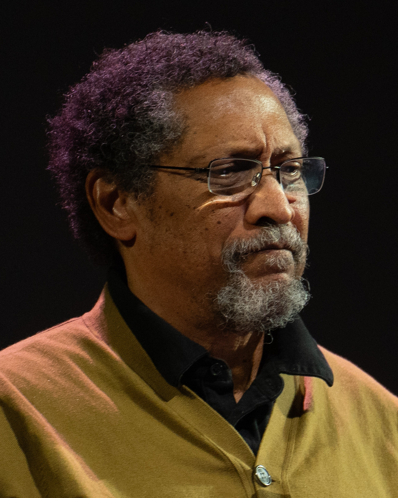 珀西瓦尔·埃弗里特在 2024 年 National Book Awards 入围者朗读会上的彩色近照，戴着眼镜，望向舞台侧方。