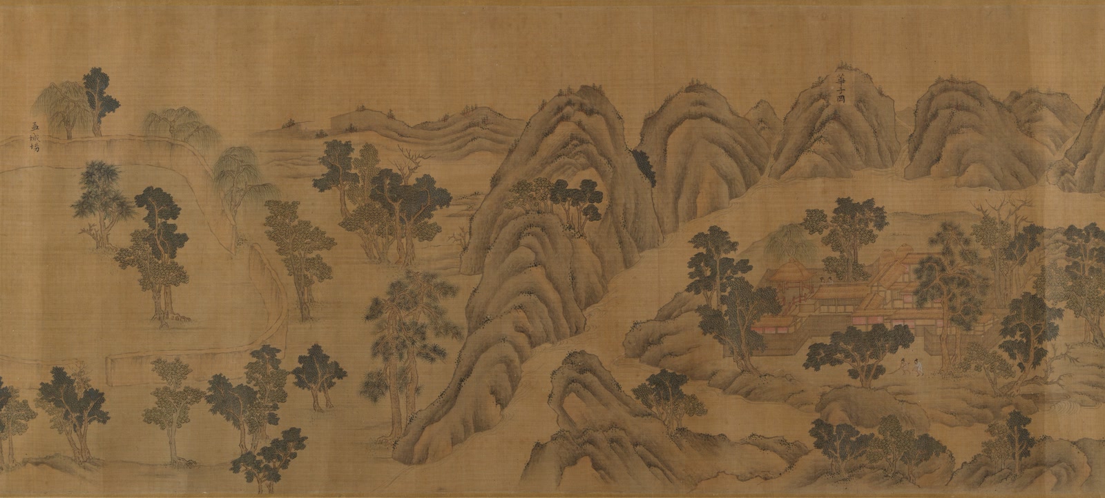 Detail from a sixteenth- or seventeenth-century handscroll of Wangchuan Villa, with wooded mountains, pale valleys, and a small compound among trees.