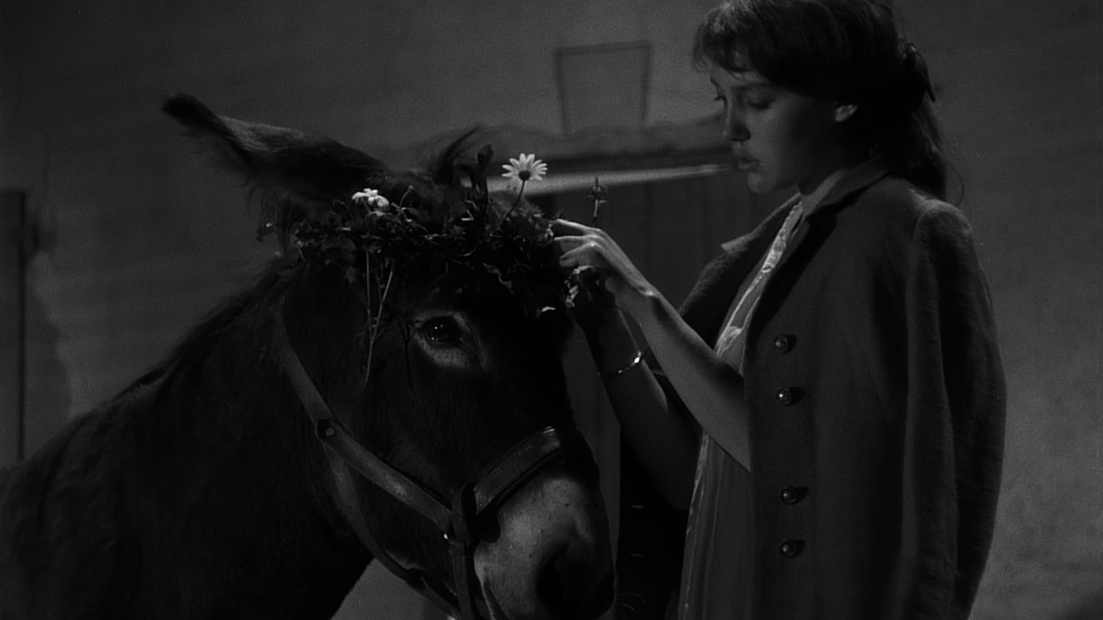 Black-and-white still from Au hasard Balthazar showing Anne Wiazemsky as Marie placing a flower garland on Balthazar's head.