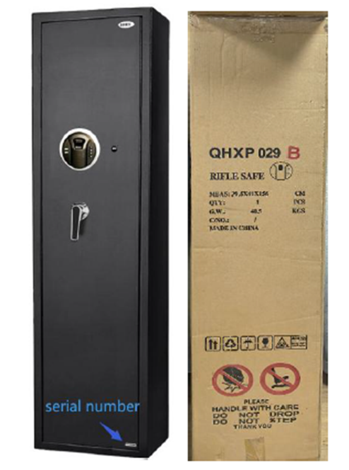 A tall dark-gray BBRKIN biometric firearm safe beside its brown shipping carton, which is marked QHXP 029 B.