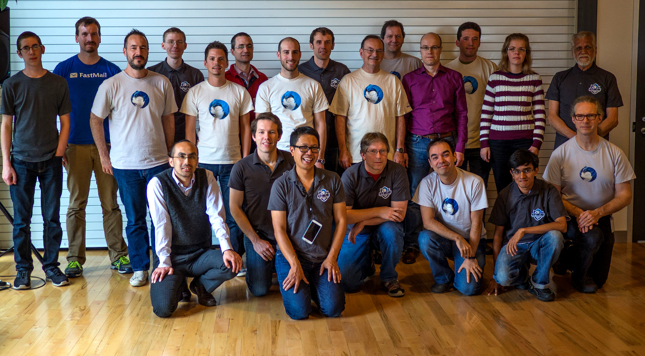 Thunderbird contributors pose together in a meeting room at Mozilla's Toronto office in 2014.