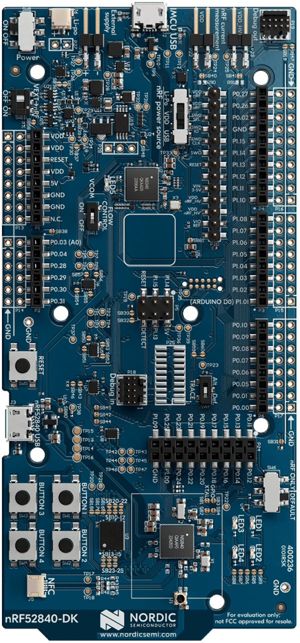 Nordic nRF52840 DK development board photographed from above, showing headers, buttons, USB connectors, and labeled components.