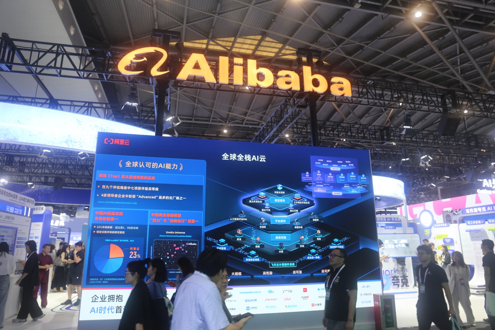 Visitors gather around Alibaba's booth at the 2025 World Artificial Intelligence Conference in Shanghai.