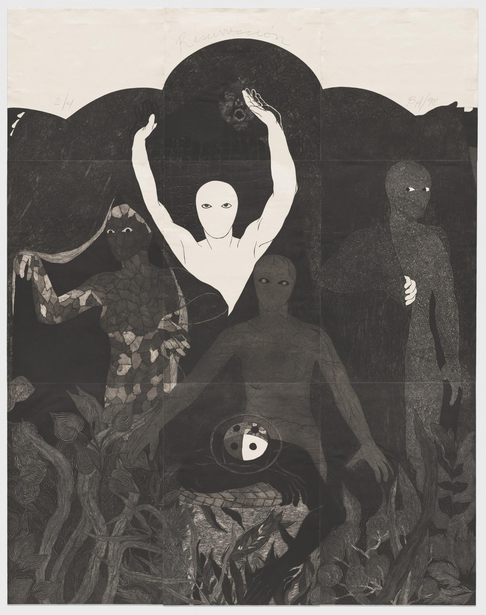 一幅宏大的黑白拼贴版画，宽眼浅色人物从密布纹样的黑暗中显现，围绕中央的神圣之鱼聚集。