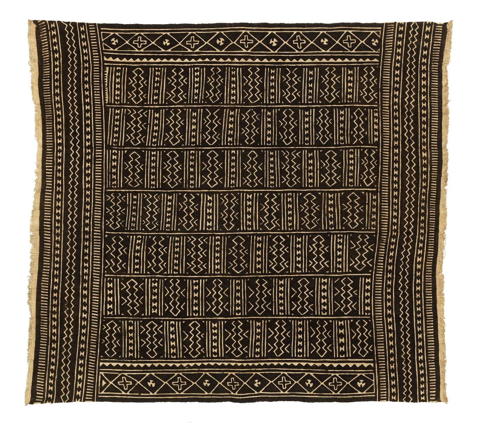 A square Malian bògòlanfini cloth by Nakunte Diarra, its dark brown field divided into panels of pale crosses, chevrons, dots, and fine zigzag borders.