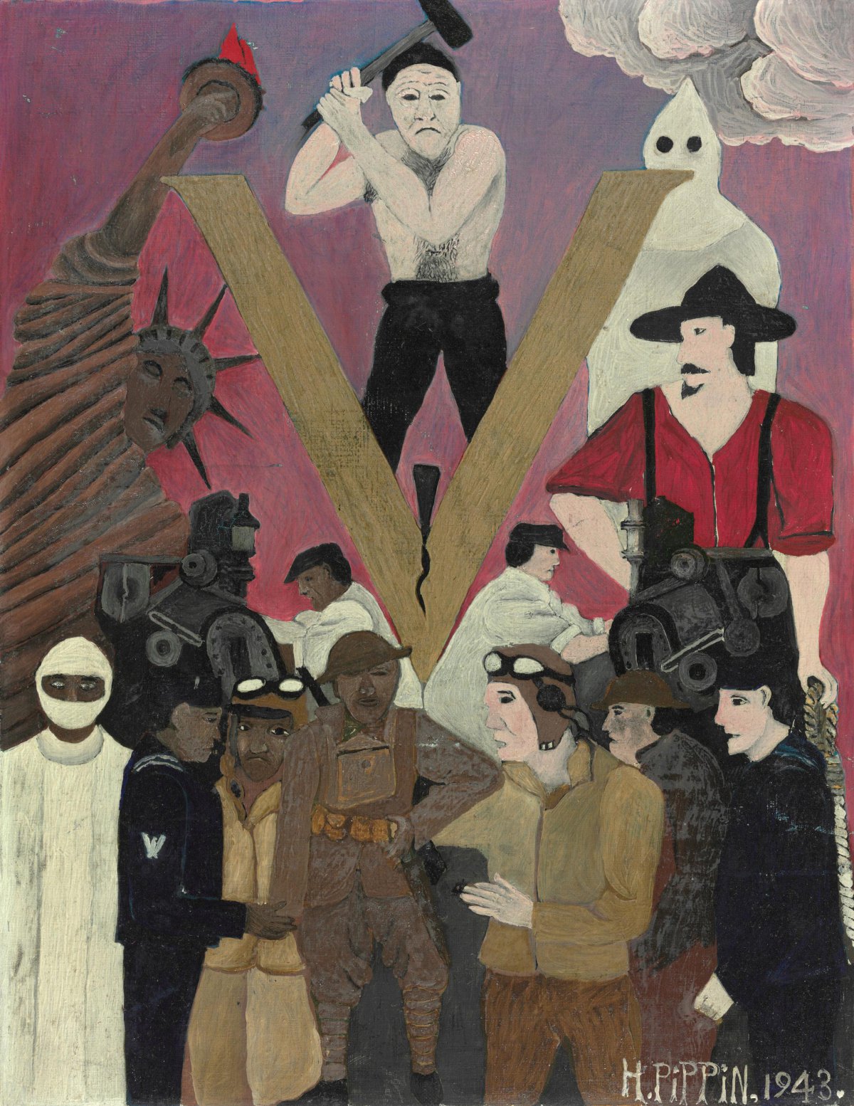 霍勒斯·皮平 1943 年的画作《偏见先生》：一枚楔子劈开巨大的 V 字，在自由女神像、三K党徒与手执绞索的男子下方，将黑人和白人士兵及机工分隔两侧。