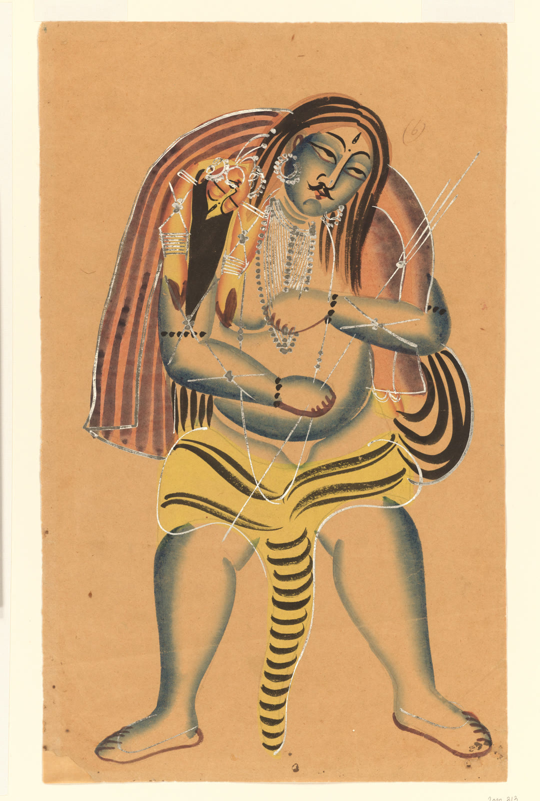 Kalighat watercolor showing blue-green Shiva carrying Sati's body across his shoulders, with both figures outlined in black and their silver jewelry set against plain tan paper.