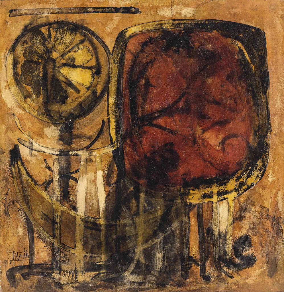 Ahmad Shibrain's ochre, black, and deep-red abstract painting Untitled (Red), with two rounded compartments and calligraphic strokes.