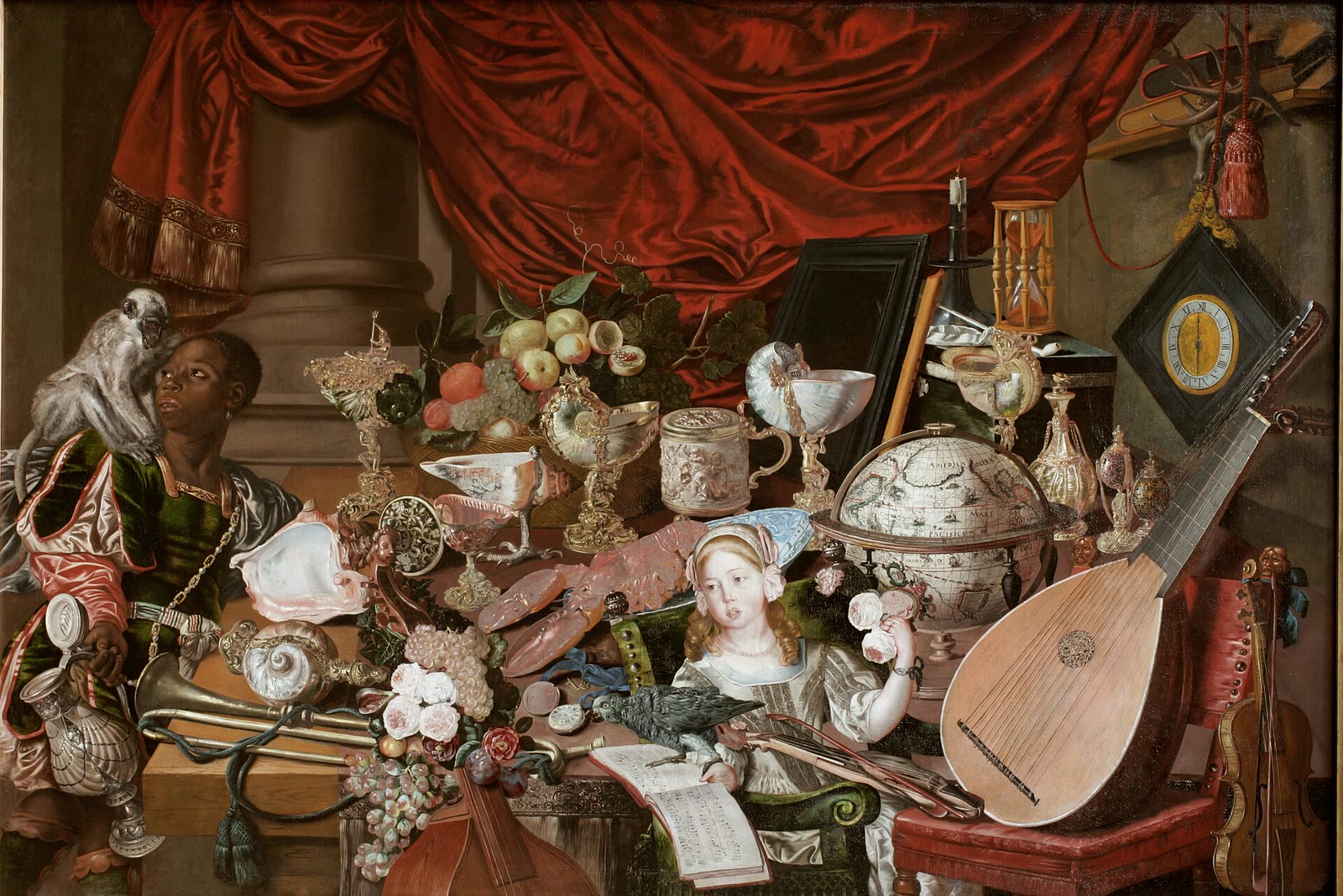 Wide seventeenth-century oil painting crowded with shell cups, silver vessels, fruit, instruments, a globe, a young Black figure at left, and a girl holding flowers at right.