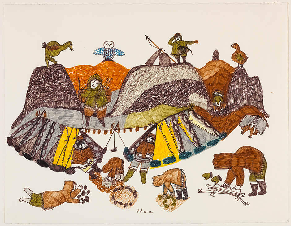 Pitseolak Ashoona's Summer Camp Scene, a felt-tip drawing of figures, tents, birds, and travellers distributed across layered brown, grey, orange, and green hills.