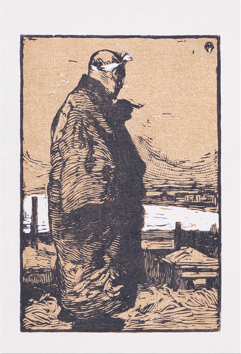 Vertical color woodcut of a fisherman in a heavy dark coat and head wrap, standing in profile beside water, with boats, low buildings, and a broad ochre sky behind him.