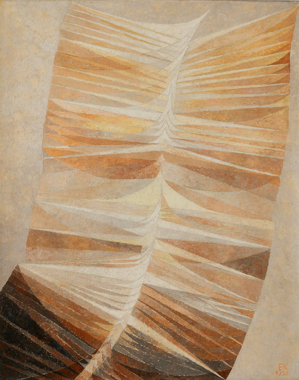 Erika Giovanna Klien's abstract painting Flight of birds, with layered cream, ochre, rust, and dark-brown bands sweeping around pale central axes.
