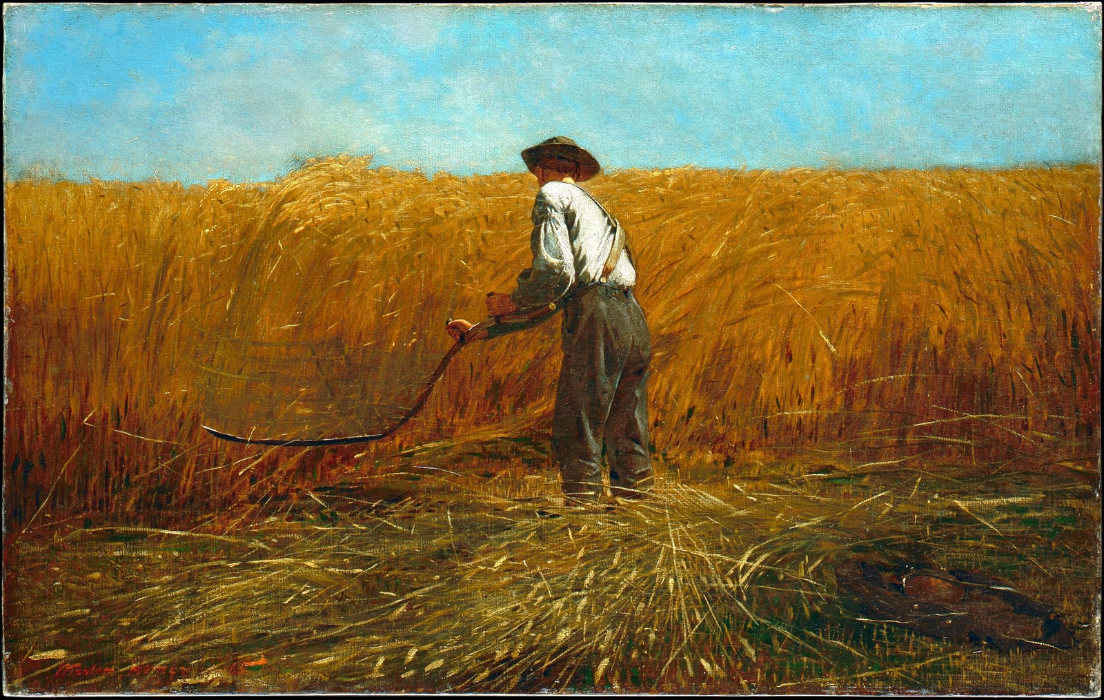 Winslow Homer's wide painting of a back-turned veteran in a white shirt cutting a dense golden wheat field beneath a clear blue sky.
