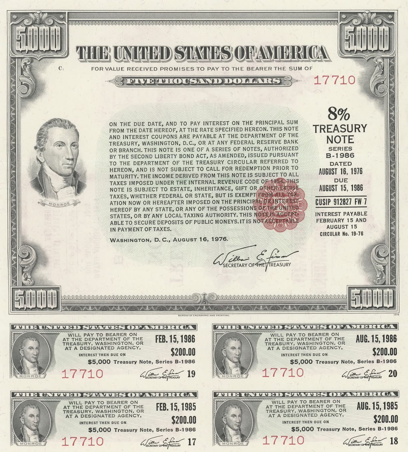 一张 1976 年美国财政部实物国债票据的正面，票面金额为 $5,000，票面利率为 8%，带有雕版边框和印刷支付条款。