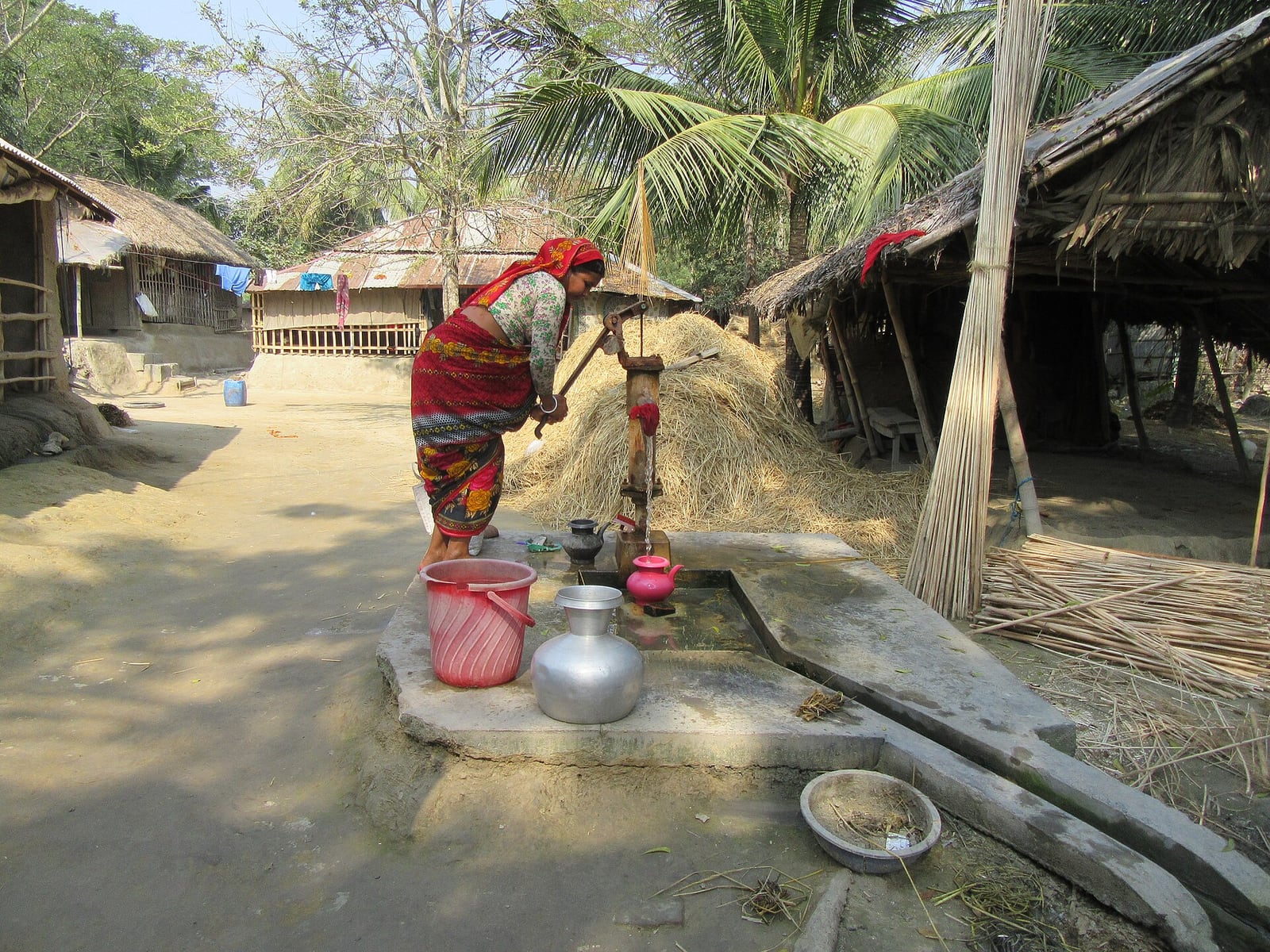 A woman operates a hand-pumped shallow tubewell beside metal water vessels in a rural courtyard in Sahas Union, Bangladesh.