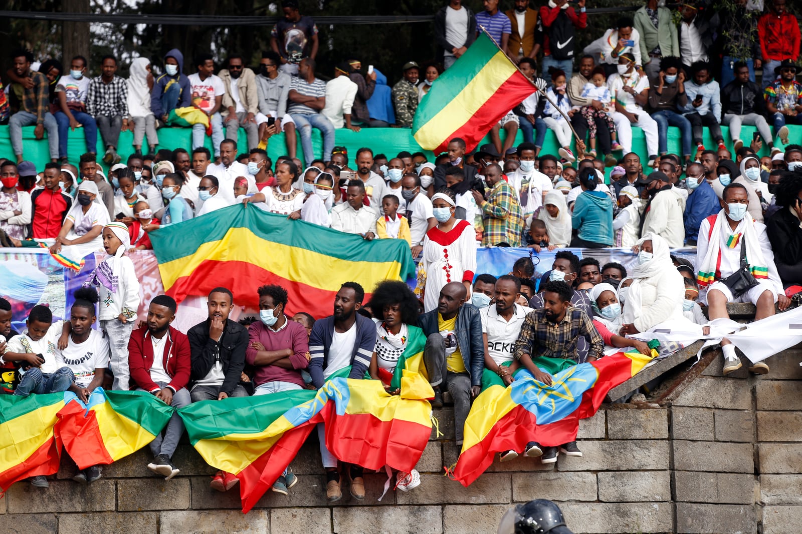 Crowds draped in Ethiopian flags gather at Menelik II Square in Addis Ababa for the 125th anniversary of the Battle of Adwa in 2021.