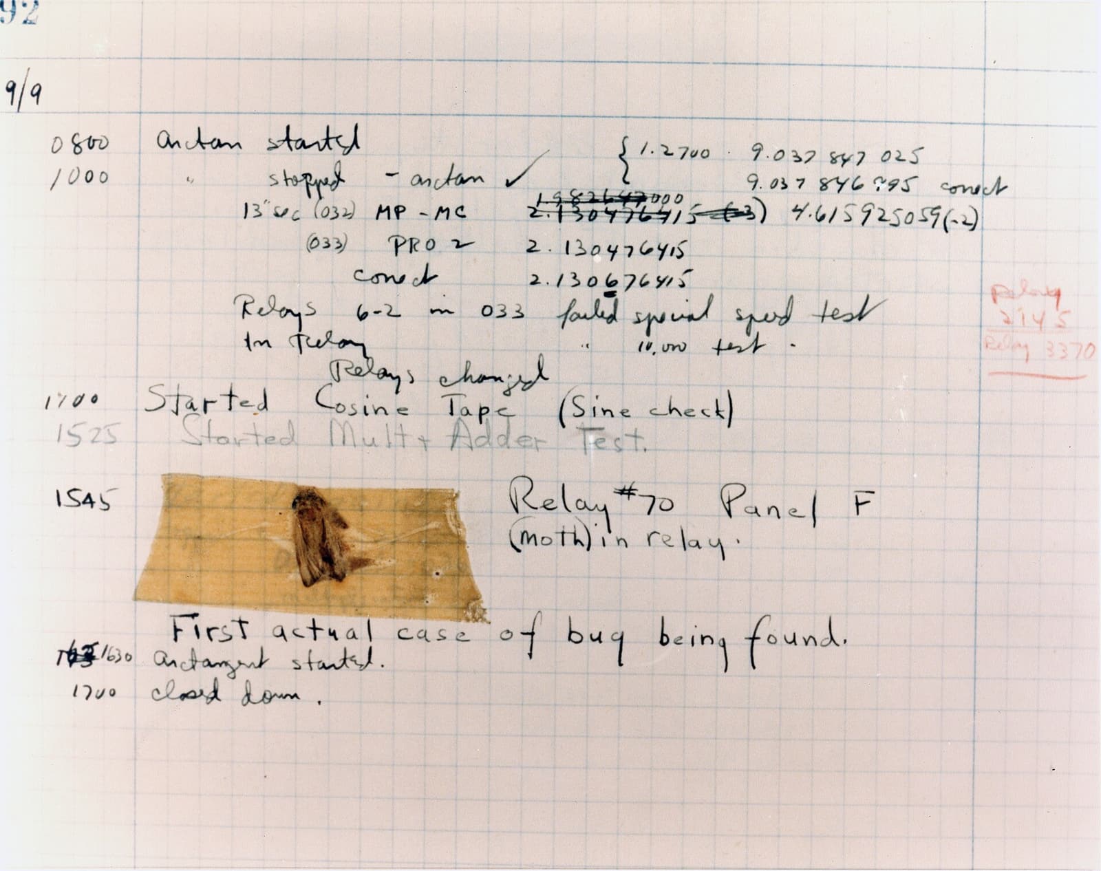 Archival photograph of a Harvard Mark II logbook page with a moth taped beside handwritten test notes and the words ‘First actual case of bug being found.’
