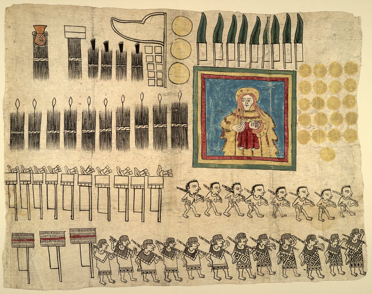 A worn sixteenth-century tribute sheet with a painted Madonna and Child surrounded by bundles, feathers, gold discs, sandals, weapons, and two rows of human figures.
