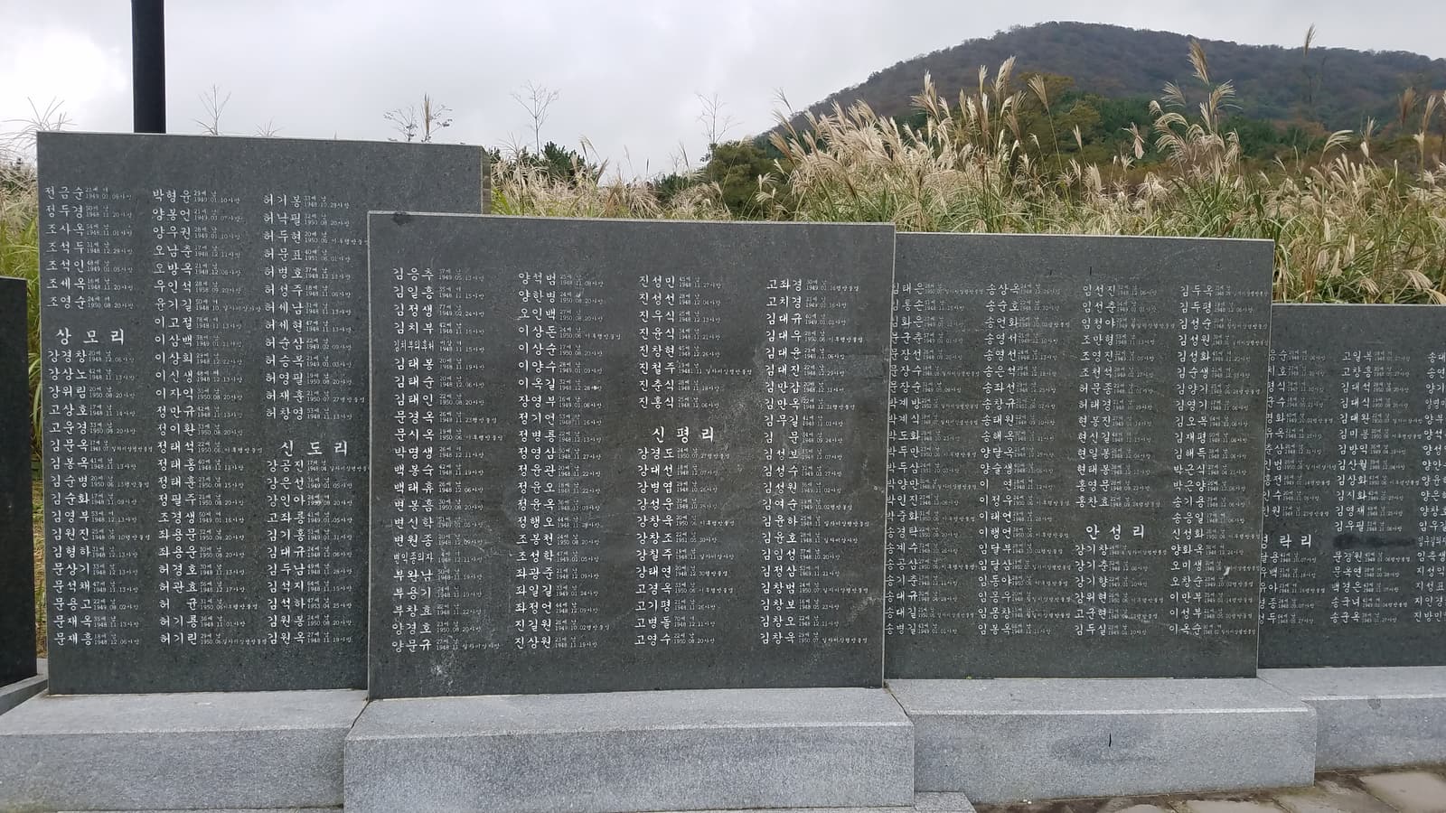 Dark granite panels inscribed with Jeju 4·3 victims' names stand before silver grass and a wooded hill.