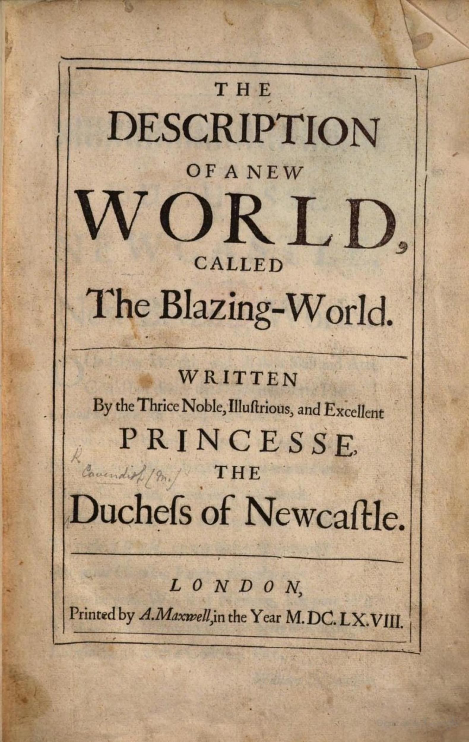 Archival scan of the worn 1668 title page of Margaret Cavendish's The Description of a New World, Called The Blazing-World.