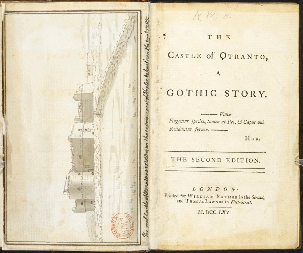 Open 1765 second edition of The Castle of Otranto, with a pale castle engraving on the left, the title page on the right, and a handwritten note along the gutter.