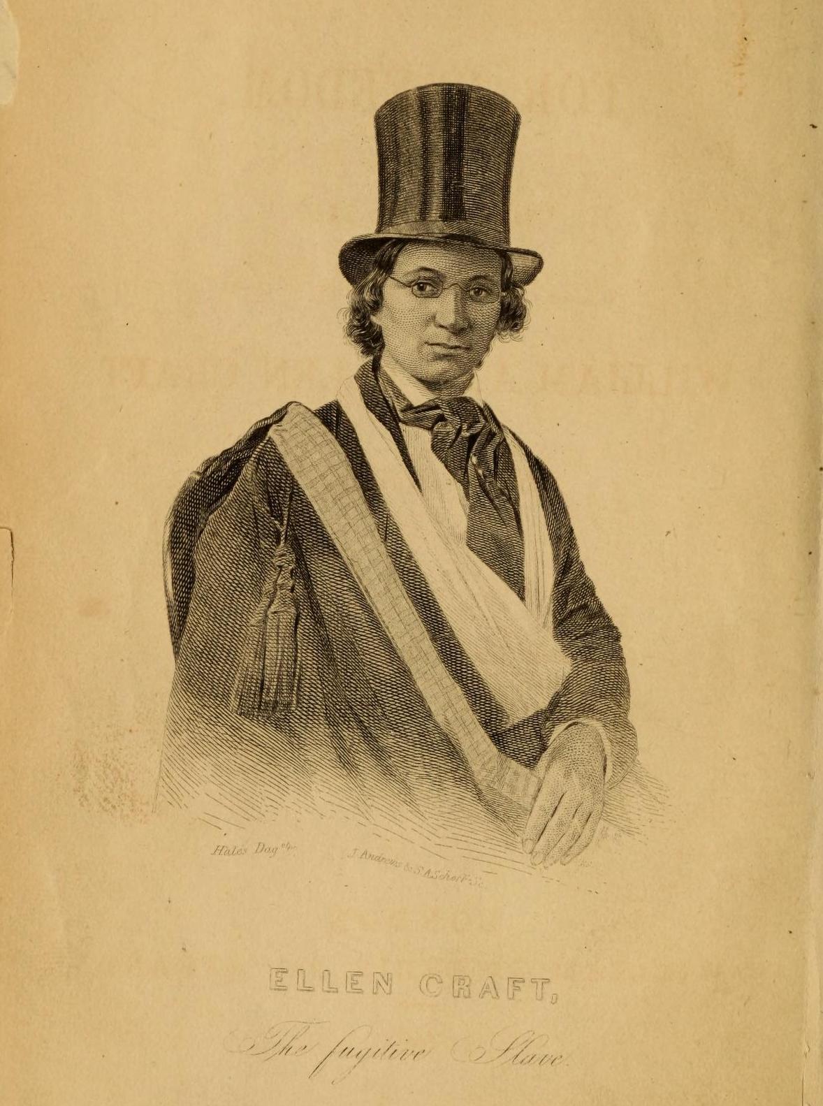 Archival engraved portrait of Ellen Craft seated in her Mr. Johnson disguise, wearing a top hat, spectacles, dark jacket, cravat, and a sling around her right arm.