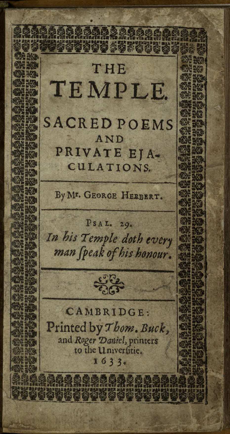 Photograph of the aged title page of the 1633 first edition of George Herbert's The Temple, framed by a dense ornamental border.