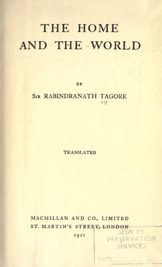 A sepia-toned archival scan of the 1921 English-edition cover page of Rabindranath Tagore's The Home and the World.