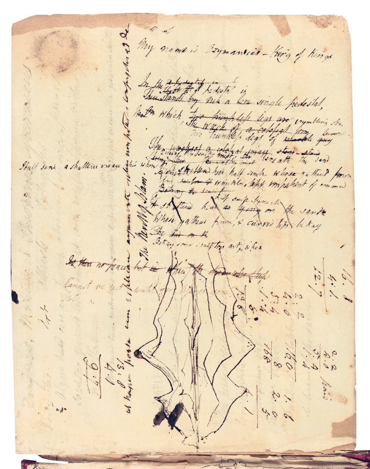 Percy Bysshe Shelley's handwritten rough draft of Ozymandias on a worn notebook leaf, crowded with crossed-out lines, calculations, and a large ink sketch.