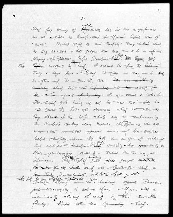 Archival manuscript page from Dorothy Richardson's Pointed Roofs, densely covered in slanting handwritten prose with revisions and insertions.