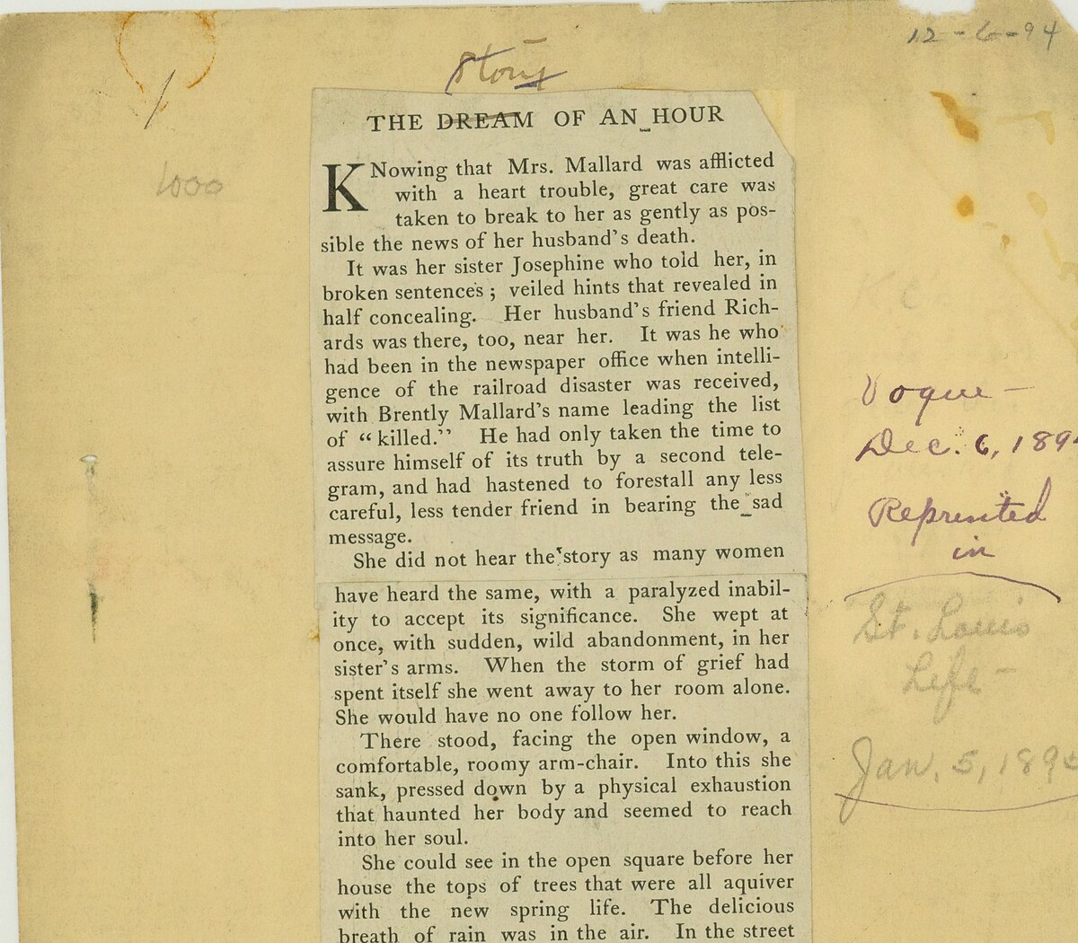 Cropped archival first sheet of Kate Chopin's 1894 Vogue story, with The Dream of an Hour printed above its opening paragraphs and Story handwritten over the title.