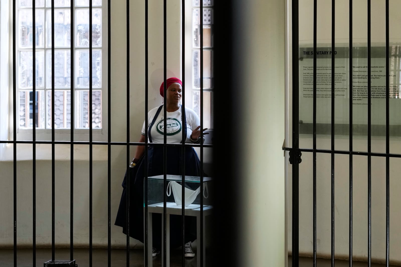 Nolubabalo Memese speaks inside the former Women's Jail in Johannesburg, now a museum near South Africa's Constitutional Court.
