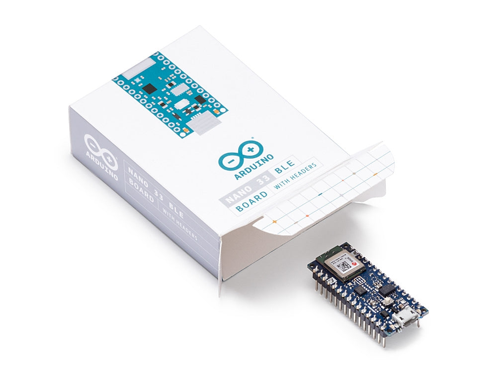 An Arduino Nano 33 BLE board with metal header pins beside its open retail box.